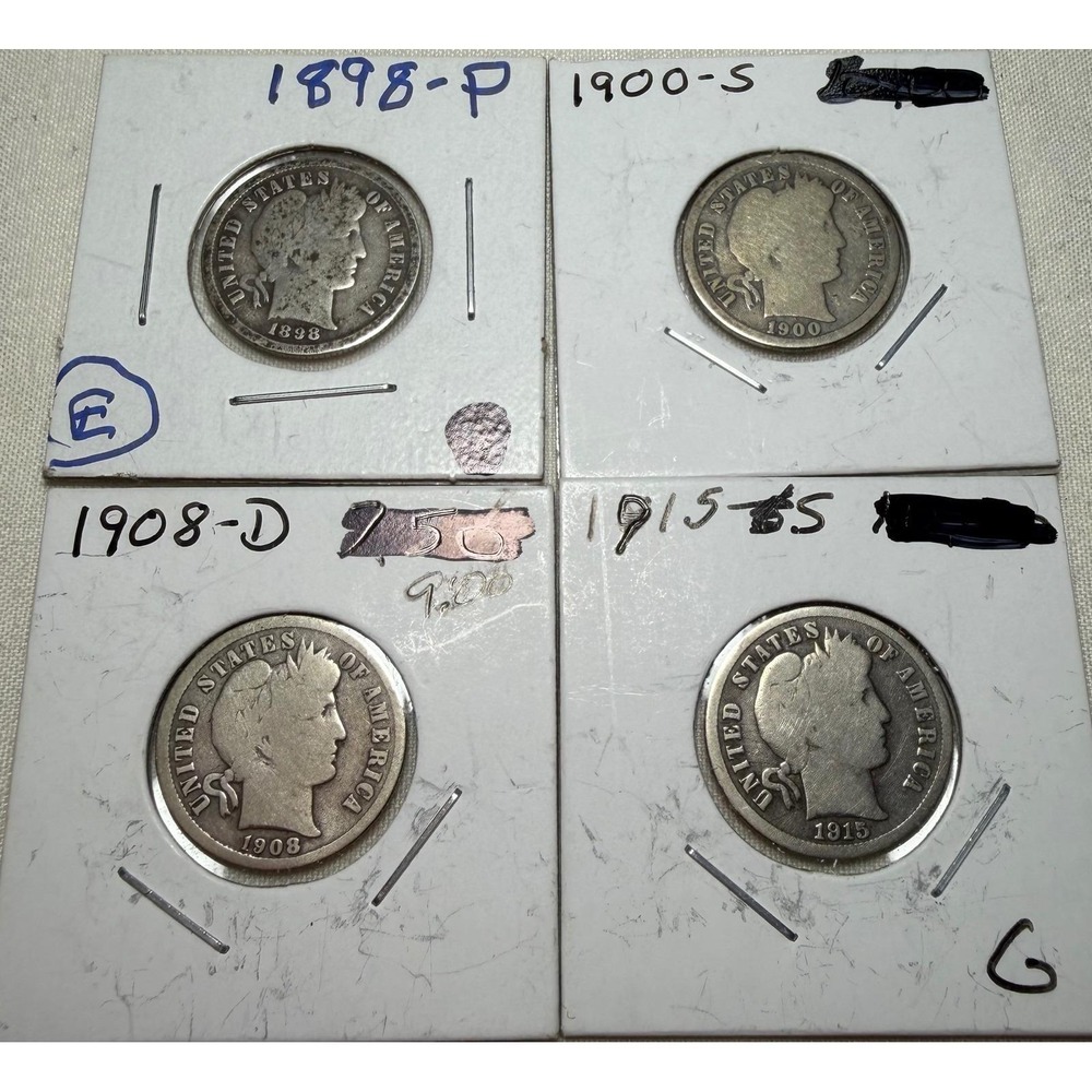 Lot of 4 US Barber Silver Dimes 1898-P 1900-S 1908-D 1915-S 90% Silver Coins